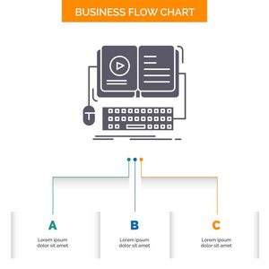 图书，电子书，互动，移动，视频业务流程图设计3个步骤。用于演示的雕文图标背景模板的文本位置.