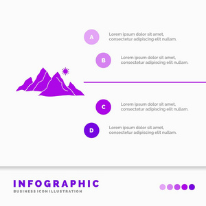 山，景观，山，自然，太阳信息图形模板的网站和演示。GLYPH紫色图标信息样式矢量插图.