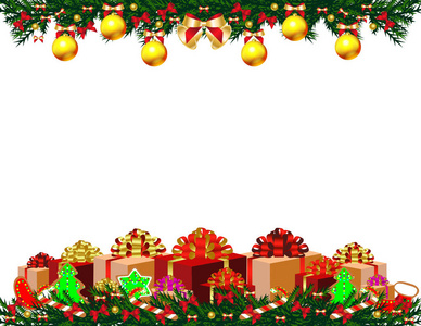 圣诞快乐卡片模板与彩色球在杉木花环上