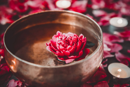 藏歌碗里飘着水中的红牡丹花。在黑石背景上燃烧蜡烛和花瓣..冥想和放松。异国按摩。有选择的焦点。暗色调