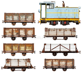 白色隔离的老式机车和汽车