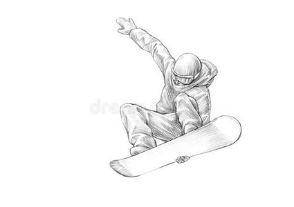 手绘素描-铅笔插图的滑雪板中间空气照片