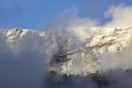 雾霭中的落日雪山