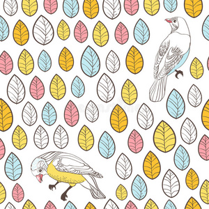 鸟和树叶。无缝背景。手绘矢量图。无缝图案可用于壁纸图案