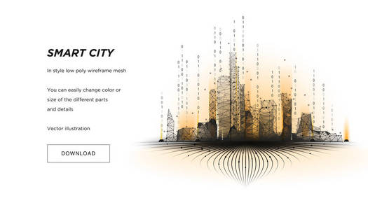 智能城市低聚线框在白色背景。城市高抽象或大都市。智能楼宇自动化系统的经营理念。多边形空间低多边形与连接的点和线。Vec