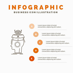 监视人工大脑数字头部信息图形模板的网站和演示。 线条灰色图标橙色信息样式矢量插图