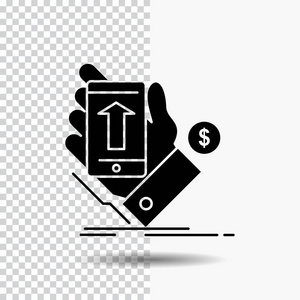 手机手购物智能手机货币字形图标在透明背景。 黑色图标