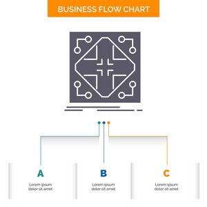 数据基础设施网络矩阵网格业务流程图设计有3个步骤。 字形图标表示背景模板位置的文本。