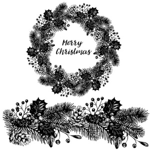 圣诞快乐，新年快乐，花环手绘冬季复古插图。 黑白矢量插图。