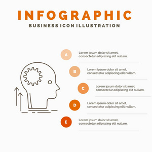 头脑创造性思维想法头脑风暴信息图形模板的网站和演示。 线条灰色图标橙色信息样式矢量插图