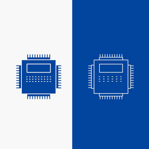 处理器硬件计算机PC技术线和字形网页按钮蓝色垂直横幅为UI和UX网站或移动应用程序