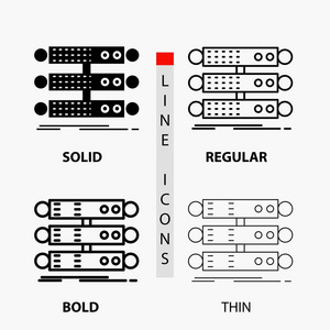 服务器结构机架数据库数据图标在薄的规则粗体线和字形样式。 矢量插图