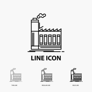 工厂工业制造生产图标以薄规则大胆的线条风格。 矢量插图