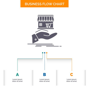商店捐赠购物网上手工业务流程图设计有3个步骤。 字形图标表示背景模板位置的文本。