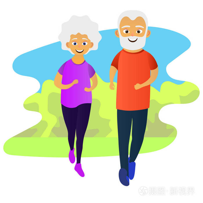 老人和女人一起跑步老年人积极的生活方式矢量插图