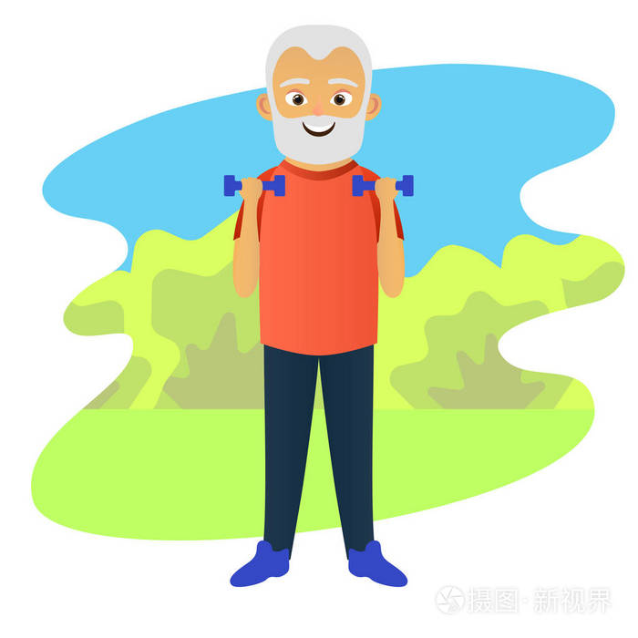 老人用哑铃做健身运动. 老年人积极的生活方式. 矢量插图