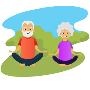 快乐的老夫妇穿着运动服练习瑜伽练习。 可爱的祖母和祖父。 活跃的老人。 卡通人物。 矢量插图