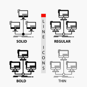 数据库分布式连接网络计算机图标在薄的规则粗体线和字形风格。 矢量插图