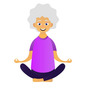 穿着运动服的快乐老妇人练习瑜伽练习。 可爱的祖母。 活跃的老人。 卡通人物。 矢量插图