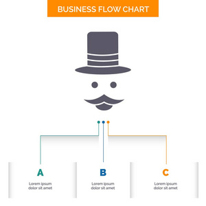 胡子时髦的移动帽男子商务流程图设计与3步。 字形图标表示背景模板位置的文本。