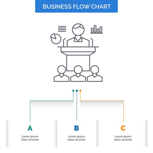 商务会议会议演示研讨会业务流程图设计有3个步骤。 表示背景模板位置的线条图标