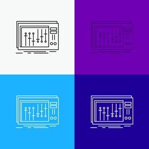 控制台D J调音台音乐工作室图标在不同的背景。 为Web和应用程序设计的线条风格设计。 EPS10矢量插图