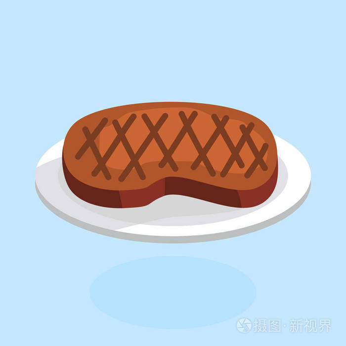 烤牛排在盘子里. 卡通风格的矢量插图.