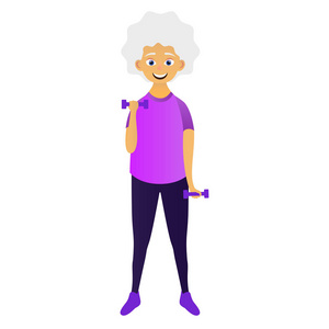 快乐的老女人穿着运动服，用哑铃做健身运动。 可爱的祖母。 活跃的老人。 卡通人物。 矢量插图