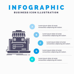 商业市场组织数据在线市场信息图表模板的网站和演示。 字形灰色图标与蓝色信息风格矢量插图。