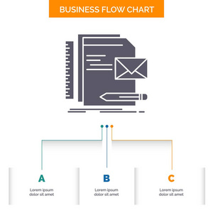品牌公司身份信展示业务流程图设计有3个步骤。 字形图标表示背景模板位置的文本。