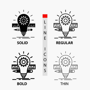 发展理念灯泡铅笔刻度图标在薄的规则粗体线和字形风格。 矢量插图