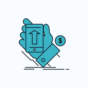 手机手购物智能手机货币平面图标。 网站和移动应用的绿色和黄色标志和符号。 矢量插图