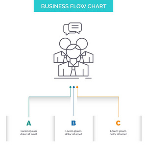 集团商务会议人员团队业务流程图设计有3个步骤。 表示背景模板位置的线条图标
