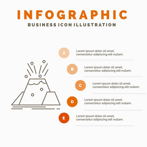 灾难火山爆发警报安全信息图表模板的网站和演示。 线条灰色图标橙色信息样式矢量插图