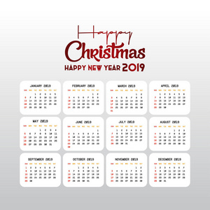 2019年日历模板。 圣诞节和新年快乐的背景