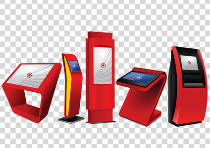 五个红色促销互动信息亭, 广告展示, 终端支架, 触摸屏显示隔离在透明的背景