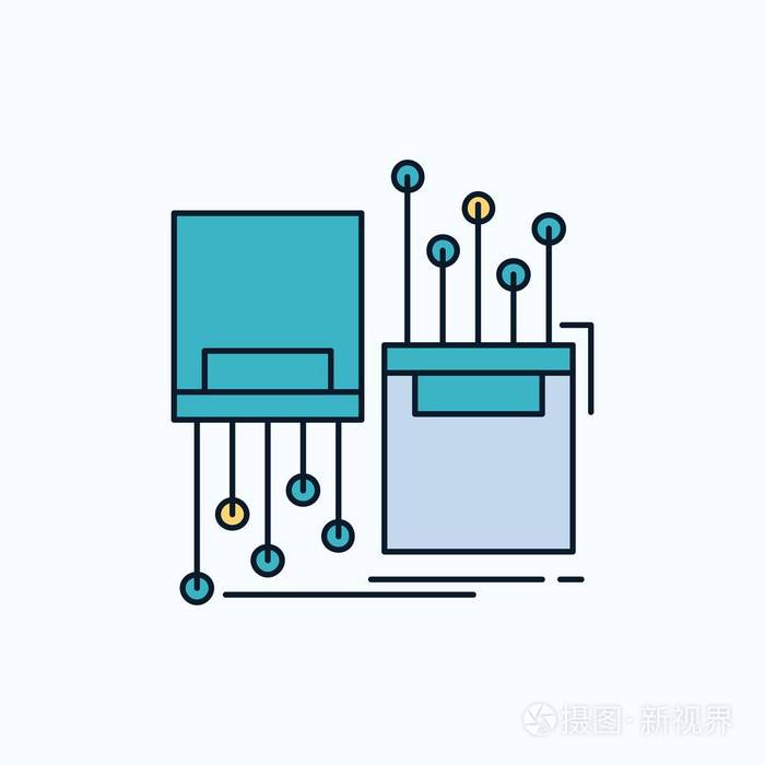 数字光纤电子车道电缆平面图标。 网站和移动应用的绿色和黄色标志和符号。 矢量插图