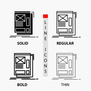 线框网页布局开发图标在薄的规则粗体线和字形风格。 矢量插图