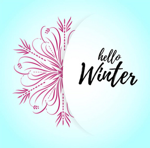 卡片模板, 横幅, 海报紫色雪花在蓝色背景和文本你好冬天