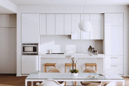 美丽的白色现代厨房，新的豪华家庭，硬木地板和老式电器3D渲染。