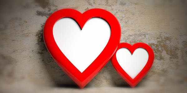 情人节爱的概念。 两个红色心形的空框，褪色的墙壁背景复制空间