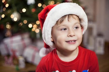 圣诞树附近一个戴着圣诞老人帽子的快乐4岁男孩的肖像。 圣诞节。 假日。 新年。 幸福。 孩子。 很舒服。