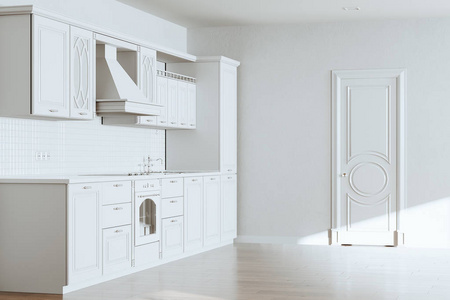美丽的经典厨房，新的豪华家庭，硬木地板，白色墙壁，老式电器3渲染。