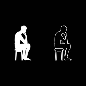 思考男人坐在凳子上剪影图标设置白色矢量插图平面风格简单形象