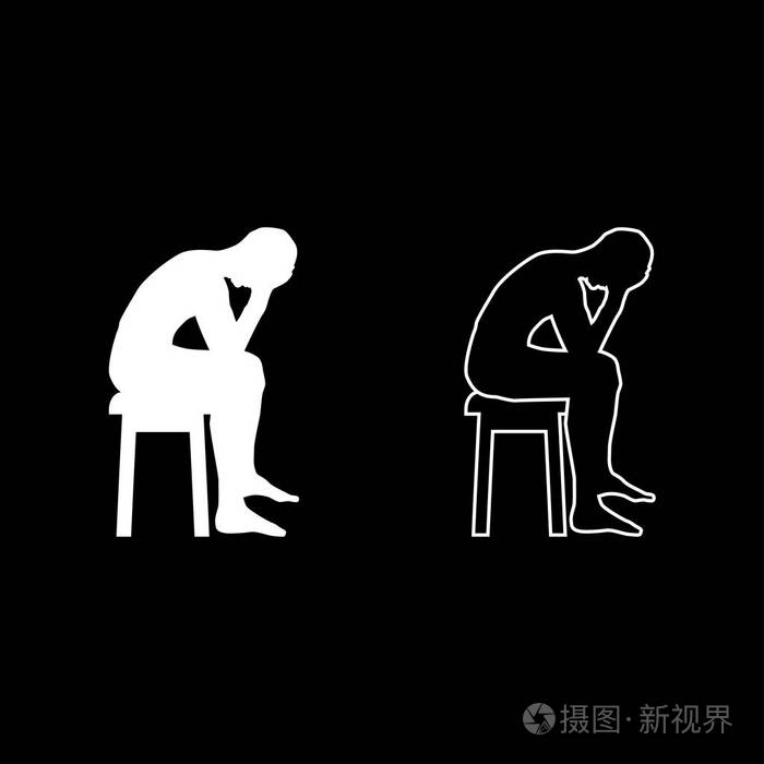 男人抱着头概念问题剪影坐着没有座位图标设置白色矢量插图平面风格