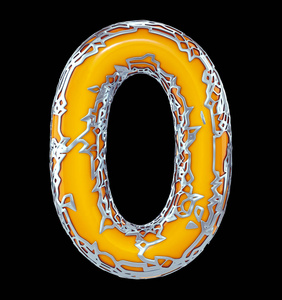 金零数字零0由金色发光的金属制成, 黄色油漆在黑色3d 上被隔离照片