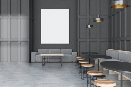 现代咖啡馆的内部有灰色的墙壁，混凝土地板，长灰色沙发站在圆形黑桌和木椅附近，灰色沙发靠近木桌。垂直海报。3D渲染模拟
