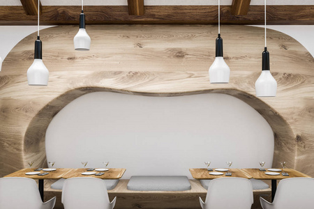 内部时尚餐厅与白色墙壁，方形木制桌子，白色椅子和原始木制沙发。 3D渲染
