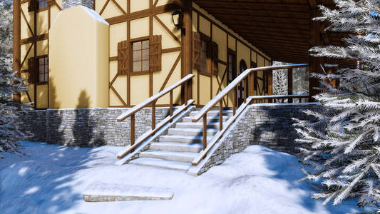 雪覆盖台阶上的传统欧洲半蒂姆堡农村房屋在高山村在寒冷的冬季。 没有人从我自己的3D渲染文件3D插图。