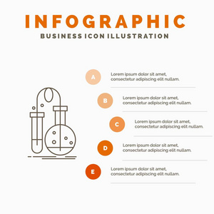 测试化学烧瓶实验室科学信息图表模板的网站和演示。 线条灰色图标橙色信息样式矢量插图